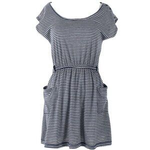 Poetry Sz S Navy Blue Gray Striped Waist Detail Poly Blend Pocketed Dress